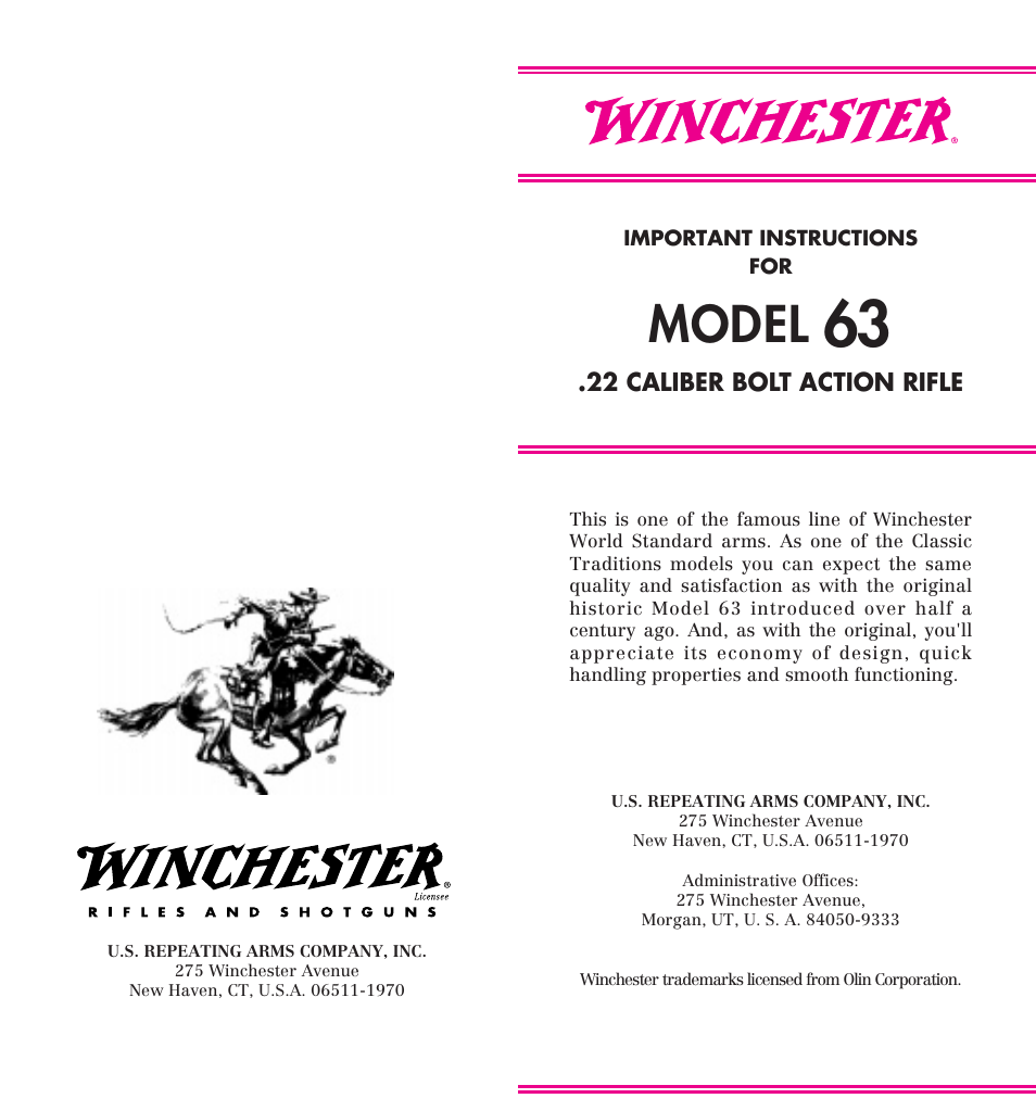 Winchester Repeating Arms 63 (Historic Manual) User Manual | 23 pages