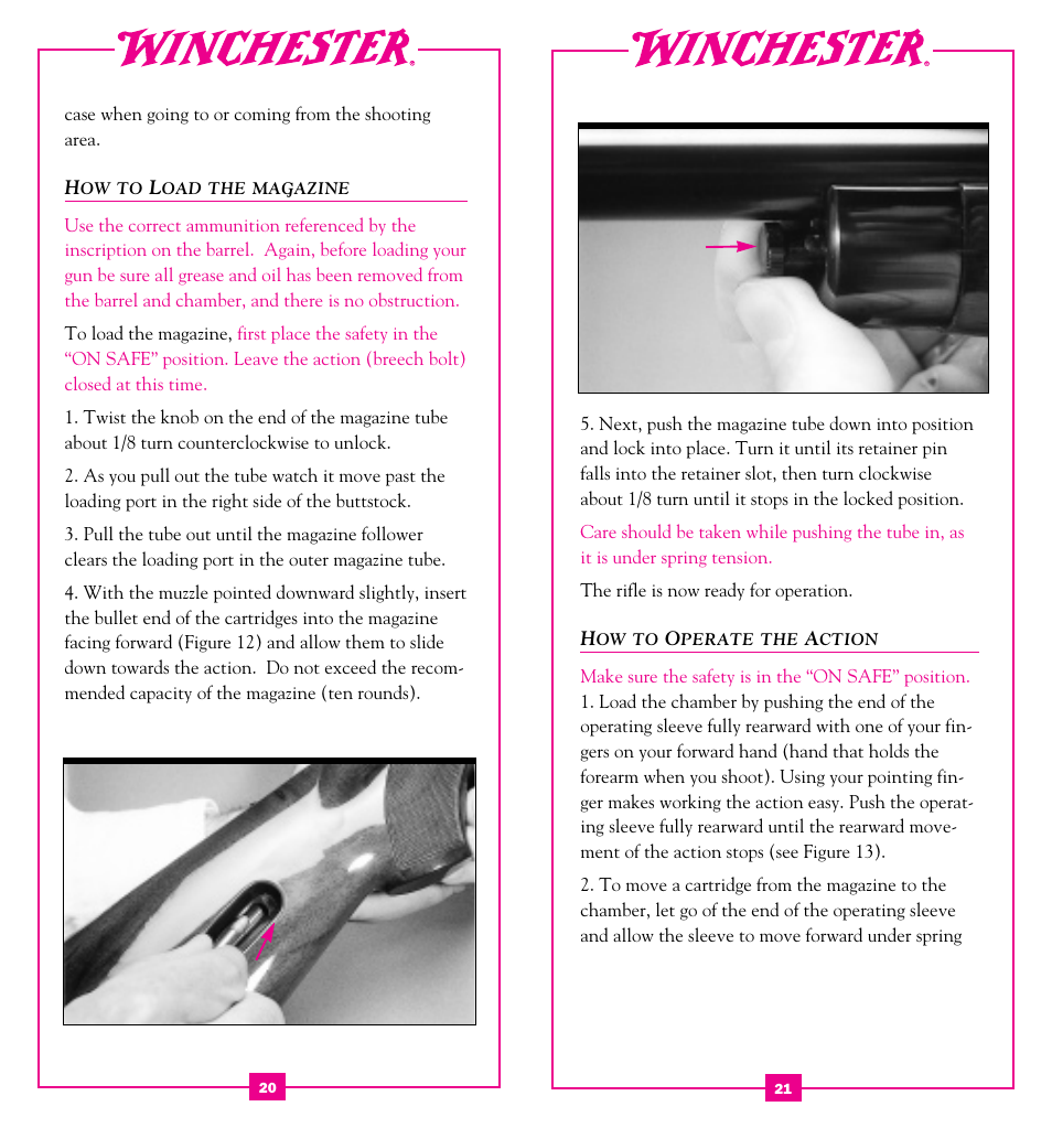 How to load the magazine, How to operate the action | Winchester Repeating Arms 63 (Historic Manual) User Manual | Page 12 / 23