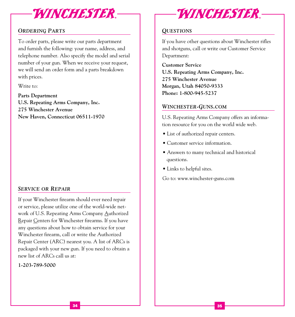 Ordering parts, Service or repair | Winchester Repeating Arms 63 (Historic Manual) User Manual | Page 19 / 23