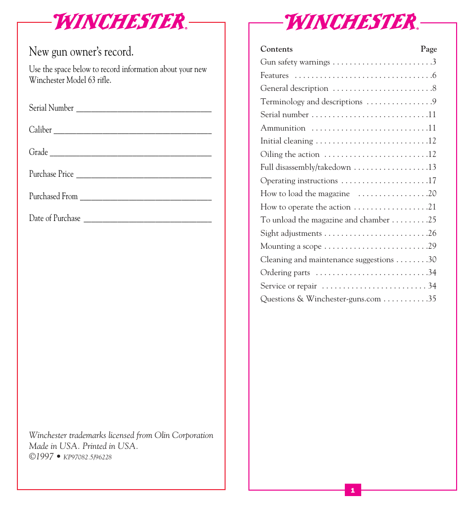 New gun owner’s record | Winchester Repeating Arms 63 (Historic Manual) User Manual | Page 2 / 23