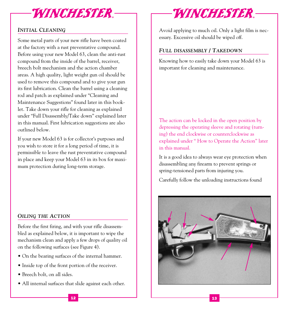 Initial cleaning, Oiling the action, Full disassembly/takedown | Winchester Repeating Arms 63 (Historic Manual) User Manual | Page 8 / 23