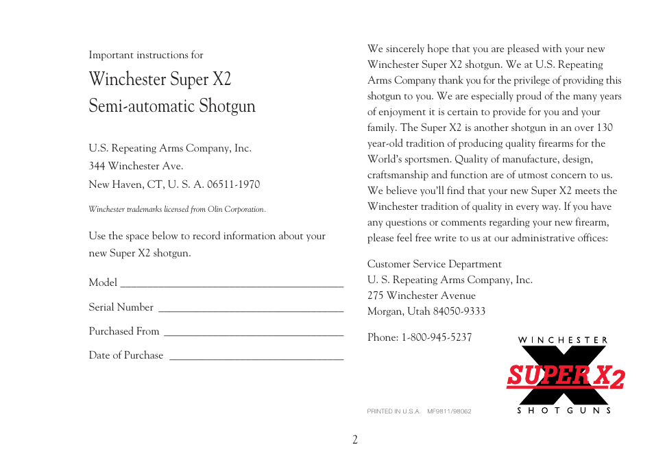 Winchester super x2 semi-automatic shotgun | Winchester Repeating Arms Super X2 (Historic Manual) User Manual | Page 2 / 43