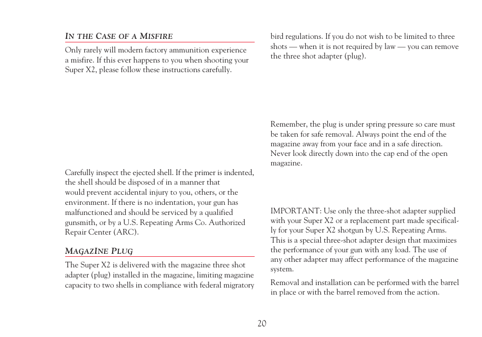 In the case of a misfire, Magazine plug | Winchester Repeating Arms Super X2 (Historic Manual) User Manual | Page 20 / 43