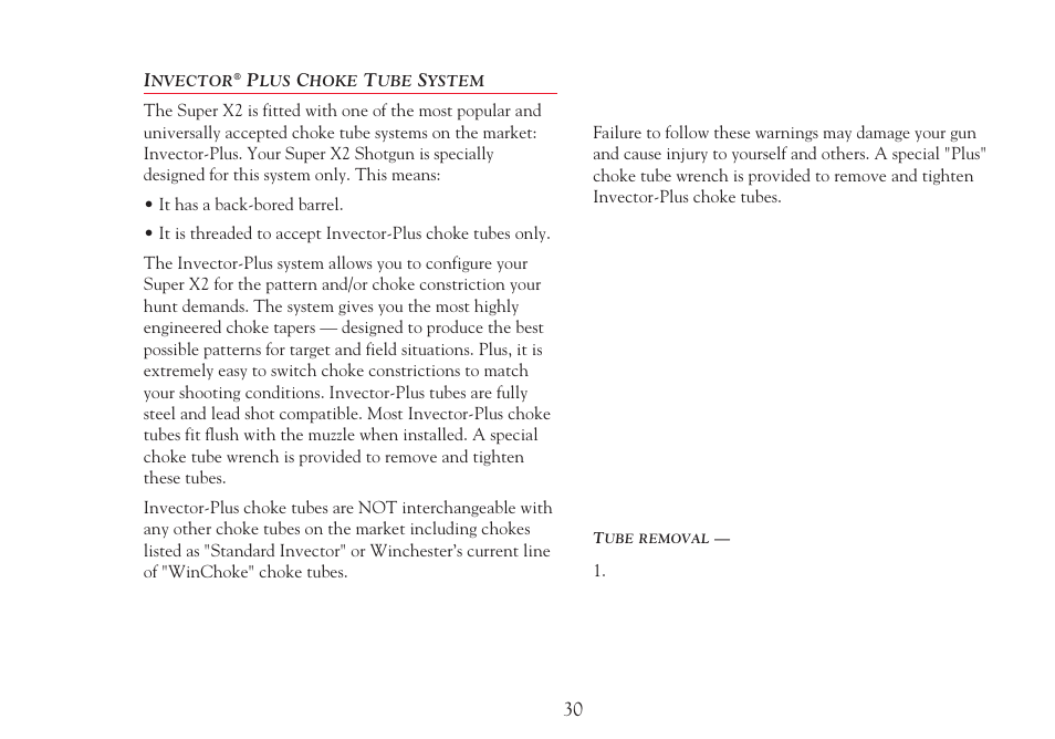 Invector, Plus threaded choke system | Winchester Repeating Arms Super X2 (Historic Manual) User Manual | Page 30 / 43
