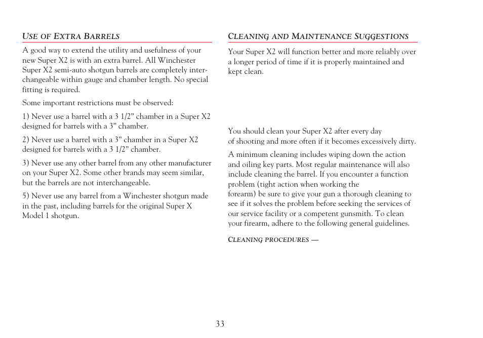 Use of extra barrels, Cleaning and maintenance suggestions | Winchester Repeating Arms Super X2 (Historic Manual) User Manual | Page 33 / 43