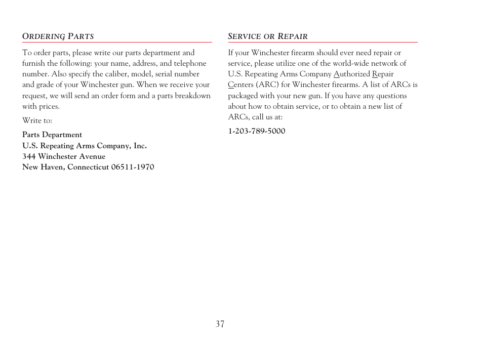 Ordering parts / service or repair | Winchester Repeating Arms Super X2 (Historic Manual) User Manual | Page 37 / 43
