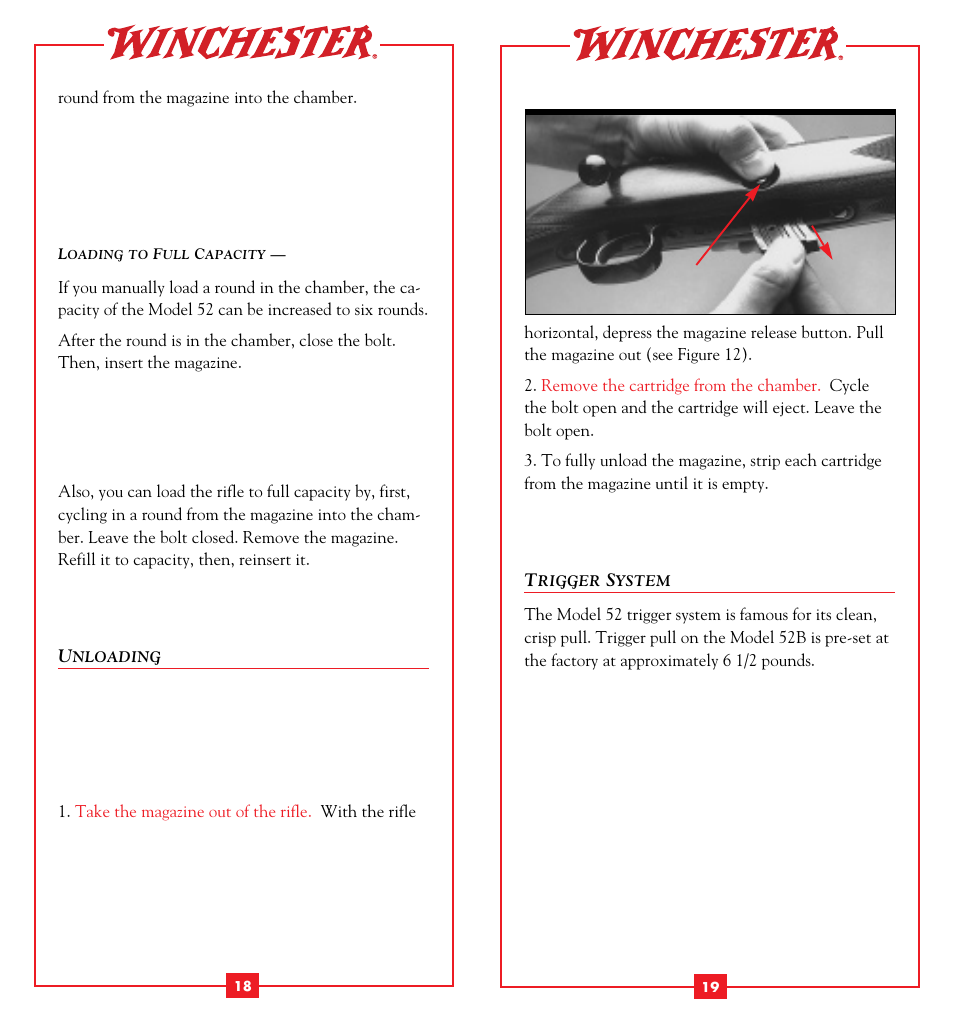 Unloading, Trigger system | Winchester Repeating Arms 52B (Historic Manual) User Manual | Page 11 / 19