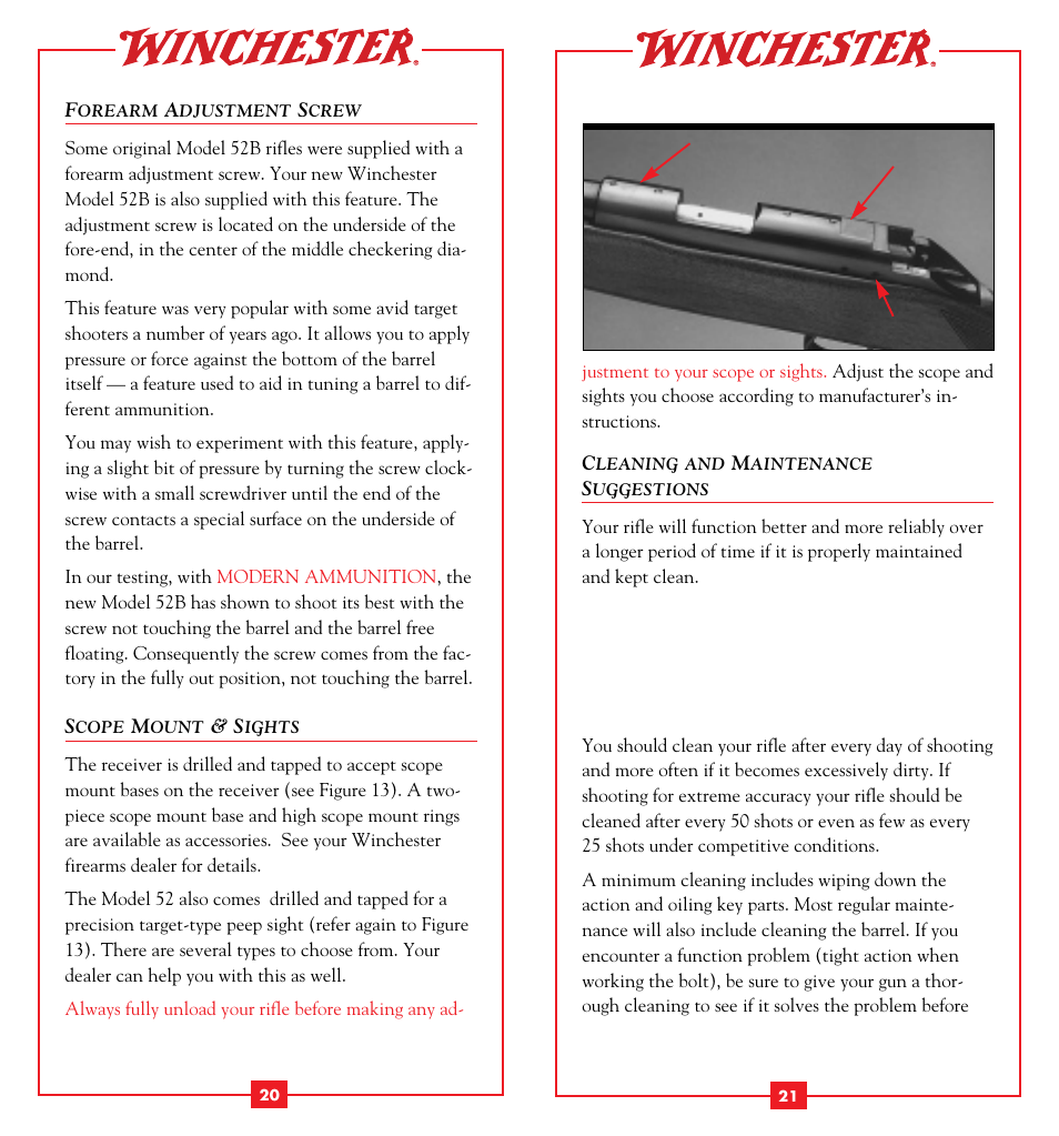 Forearm adjustment screw, Scope mount and sights, Cleaning and maintenance suggestions | Winchester Repeating Arms 52B (Historic Manual) User Manual | Page 12 / 19