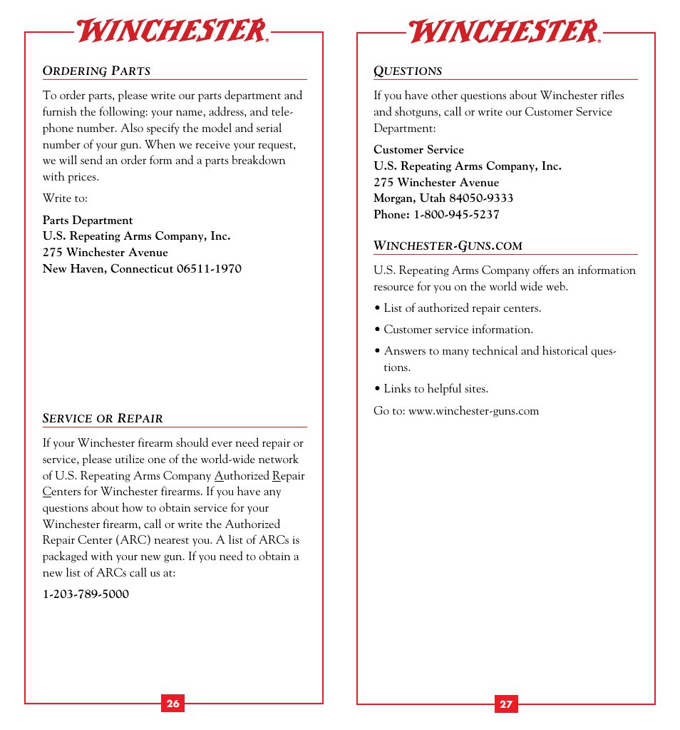 Ordering parts, Service or repair | Winchester Repeating Arms 52B (Historic Manual) User Manual | Page 15 / 19