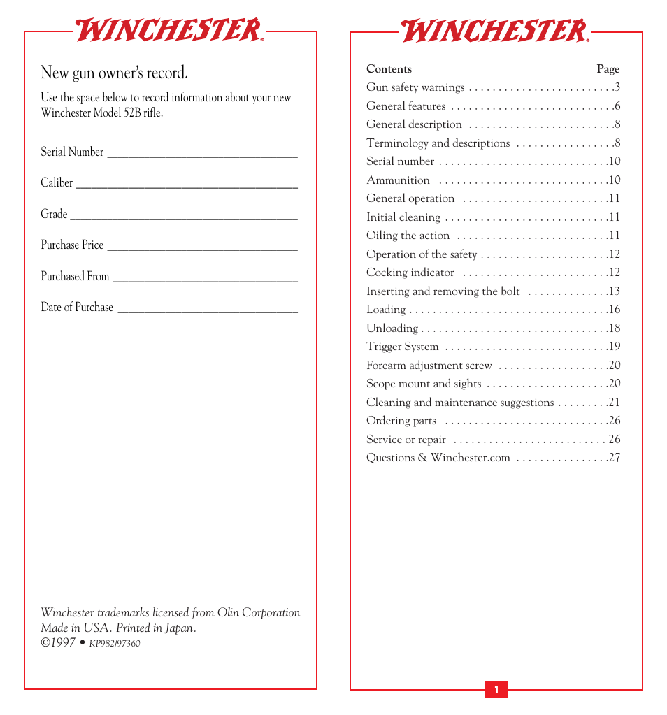 New gun owner’s record | Winchester Repeating Arms 52B (Historic Manual) User Manual | Page 2 / 19