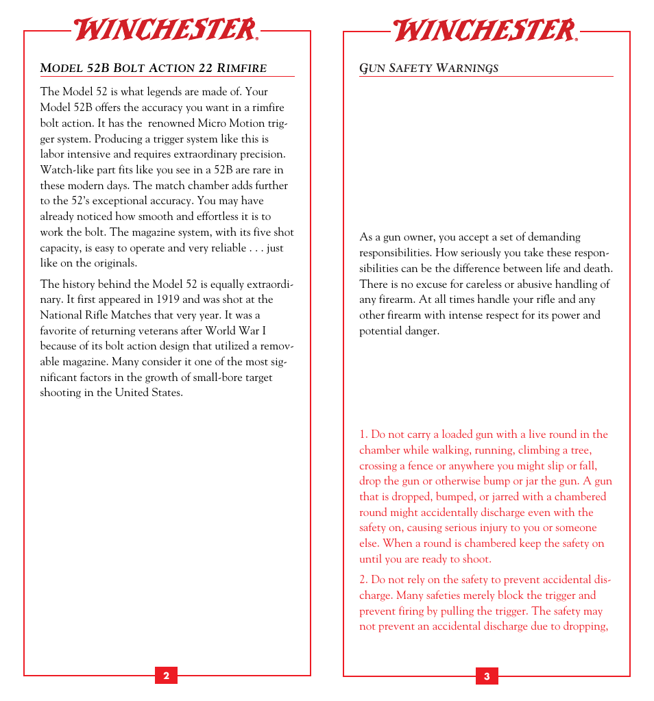 Gun safety warnings | Winchester Repeating Arms 52B (Historic Manual) User Manual | Page 3 / 19
