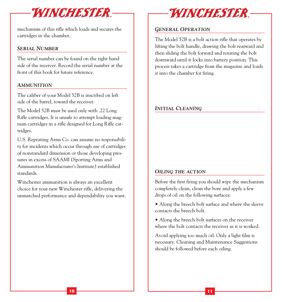 Serial number, Ammunition, General operation | Initial cleaning, Oiling the action | Winchester Repeating Arms 52B (Historic Manual) User Manual | Page 7 / 19