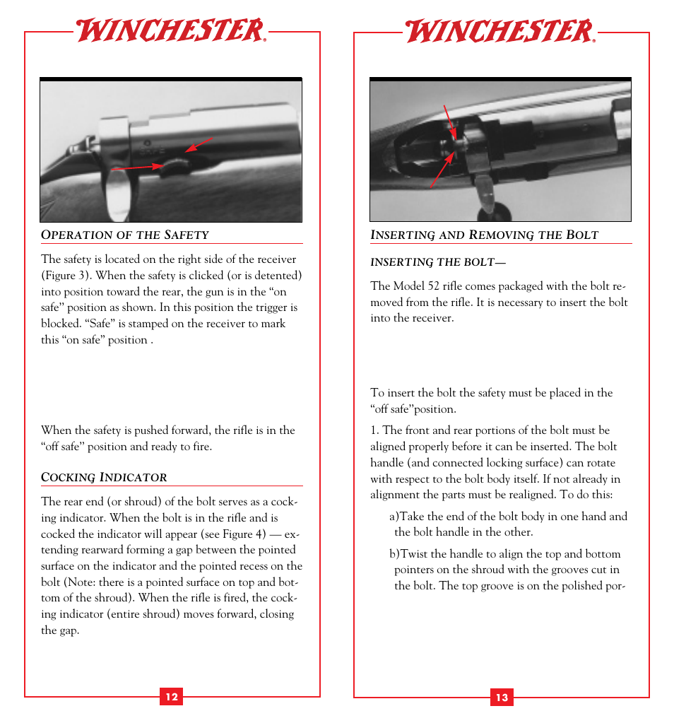 Operation of the safety, Cocking indicator, Inserting and removing the bolt | Winchester Repeating Arms 52B (Historic Manual) User Manual | Page 8 / 19