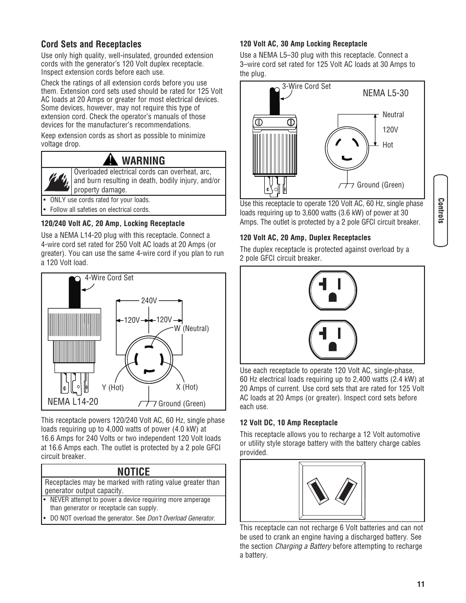 Fonctions et commandes, Cord sets and receptacles, Warning | Notice | Briggs & Stratton PRO4000 User Manual | Page 11 / 84