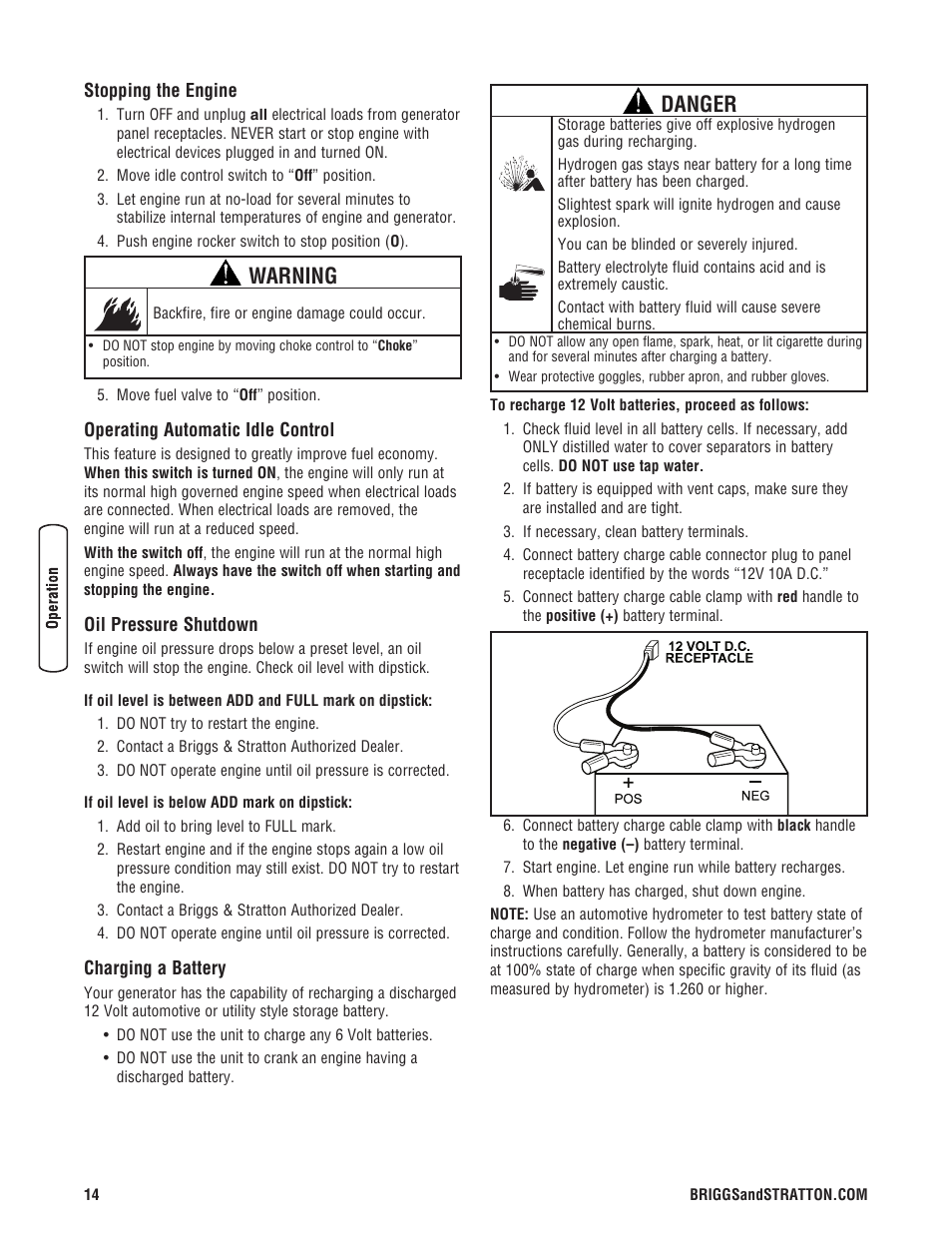 Opération, Démarrage du moteur, Warning | Danger | Briggs & Stratton PRO4000 User Manual | Page 14 / 84