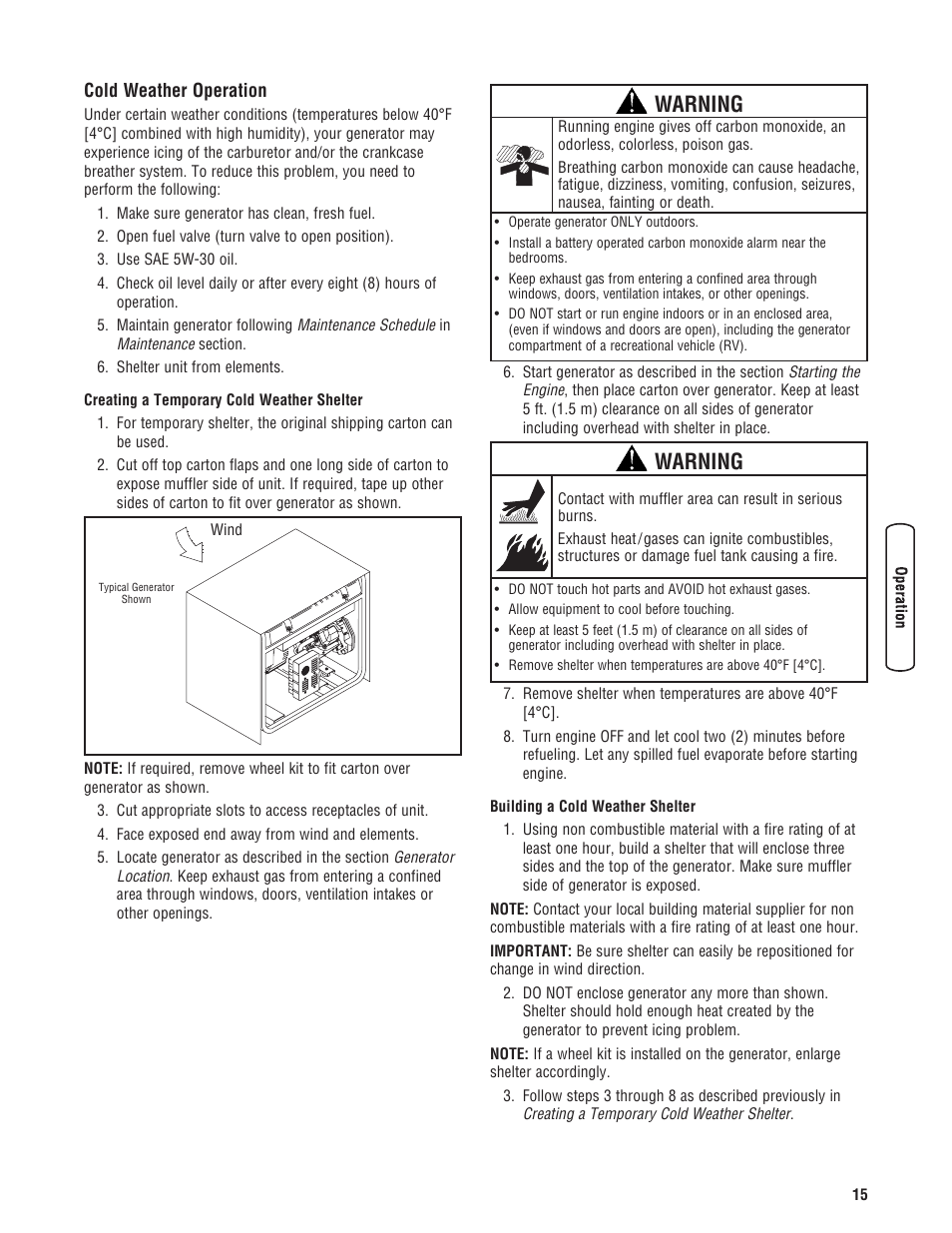Branchement des charges élec, Arrêt du moteur, Fonctionnement du contrôle a | Arrêt du moteur en cas de ba, Charging a battery cold weather operation, Warning | Briggs & Stratton PRO4000 User Manual | Page 15 / 84