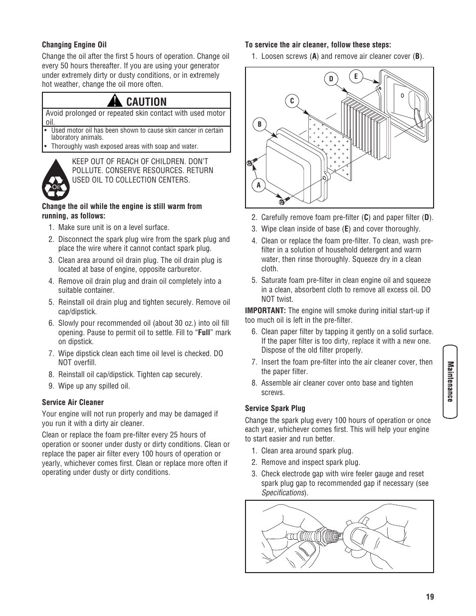 Entretien, Calendrier d'entretien, Entretien de génératrice | Fuel valve maintenance engine maintenance, Caution | Briggs & Stratton PRO4000 User Manual | Page 19 / 84