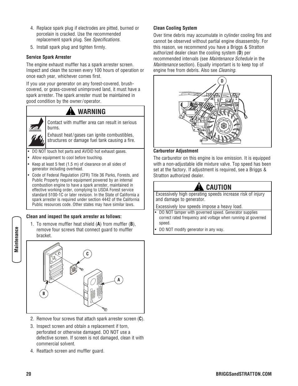 Entretien de la vanne de com, Entretien du moteur, Warning | Caution | Briggs & Stratton PRO4000 User Manual | Page 20 / 84