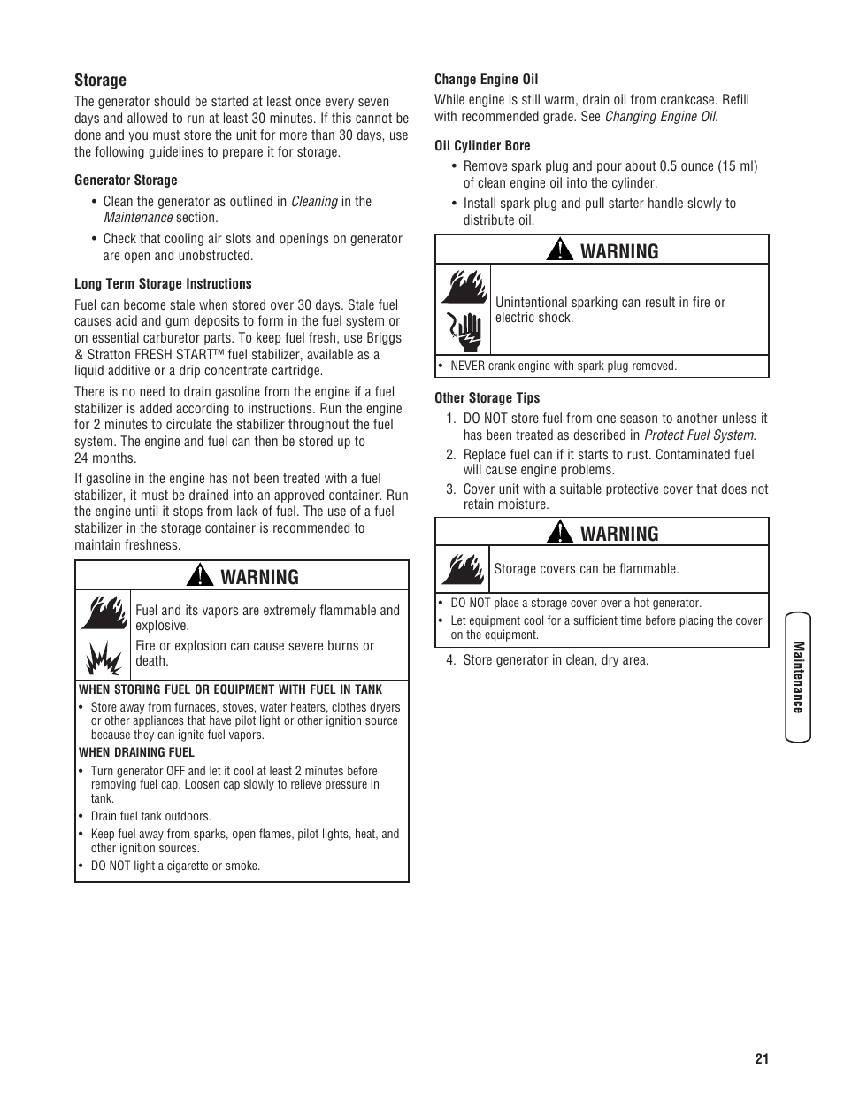 Warning | Briggs & Stratton PRO4000 User Manual | Page 21 / 84