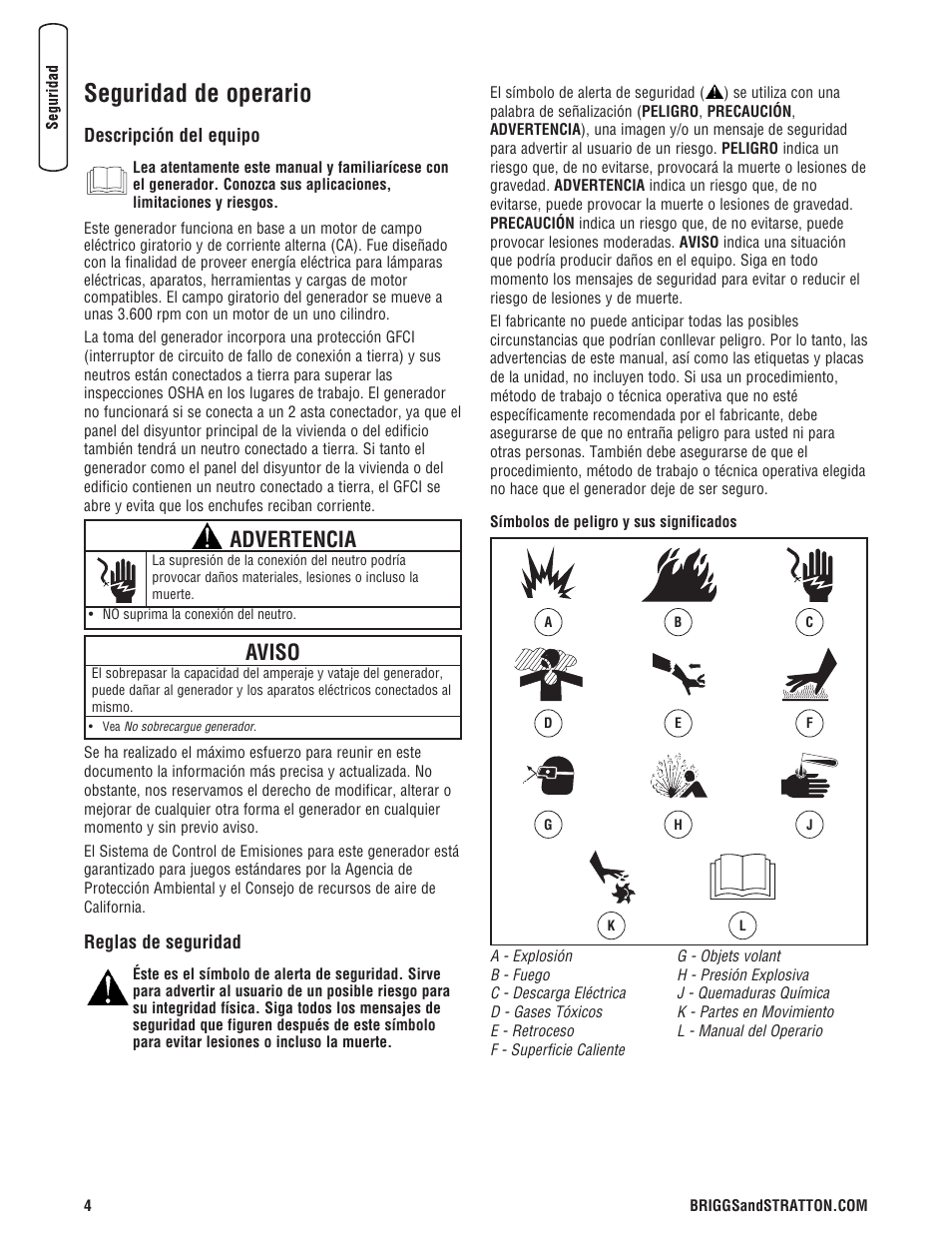 Seguridad de operario, Aviso, Advertencia | Briggs & Stratton PRO4000 User Manual | Page 32 / 84