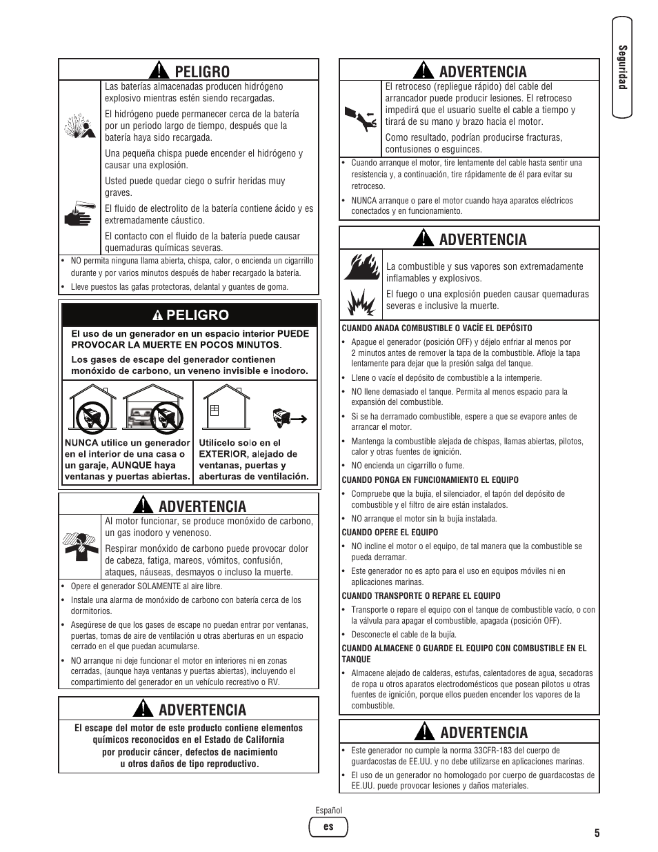Advertencia, Peligro | Briggs & Stratton PRO4000 User Manual | Page 33 / 84