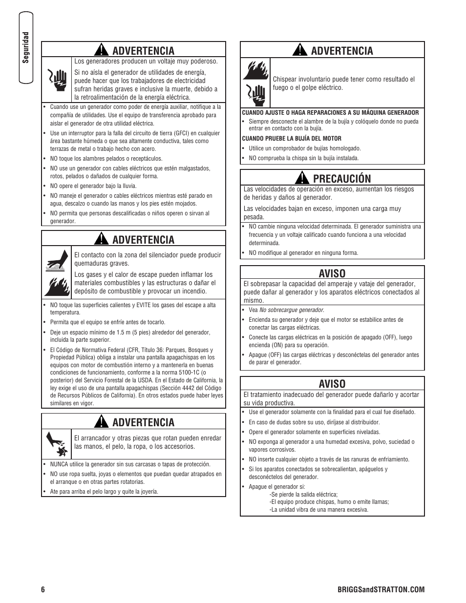 Advertencia, Precaución, Aviso | Briggs & Stratton PRO4000 User Manual | Page 34 / 84