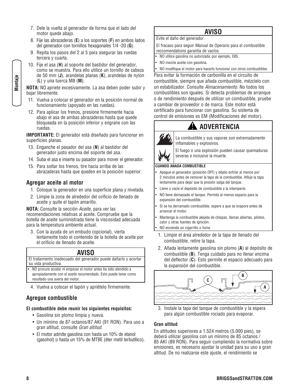 Aviso, Advertencia, Agregar aceite al motor | Agregue combustible | Briggs & Stratton PRO4000 User Manual | Page 36 / 84