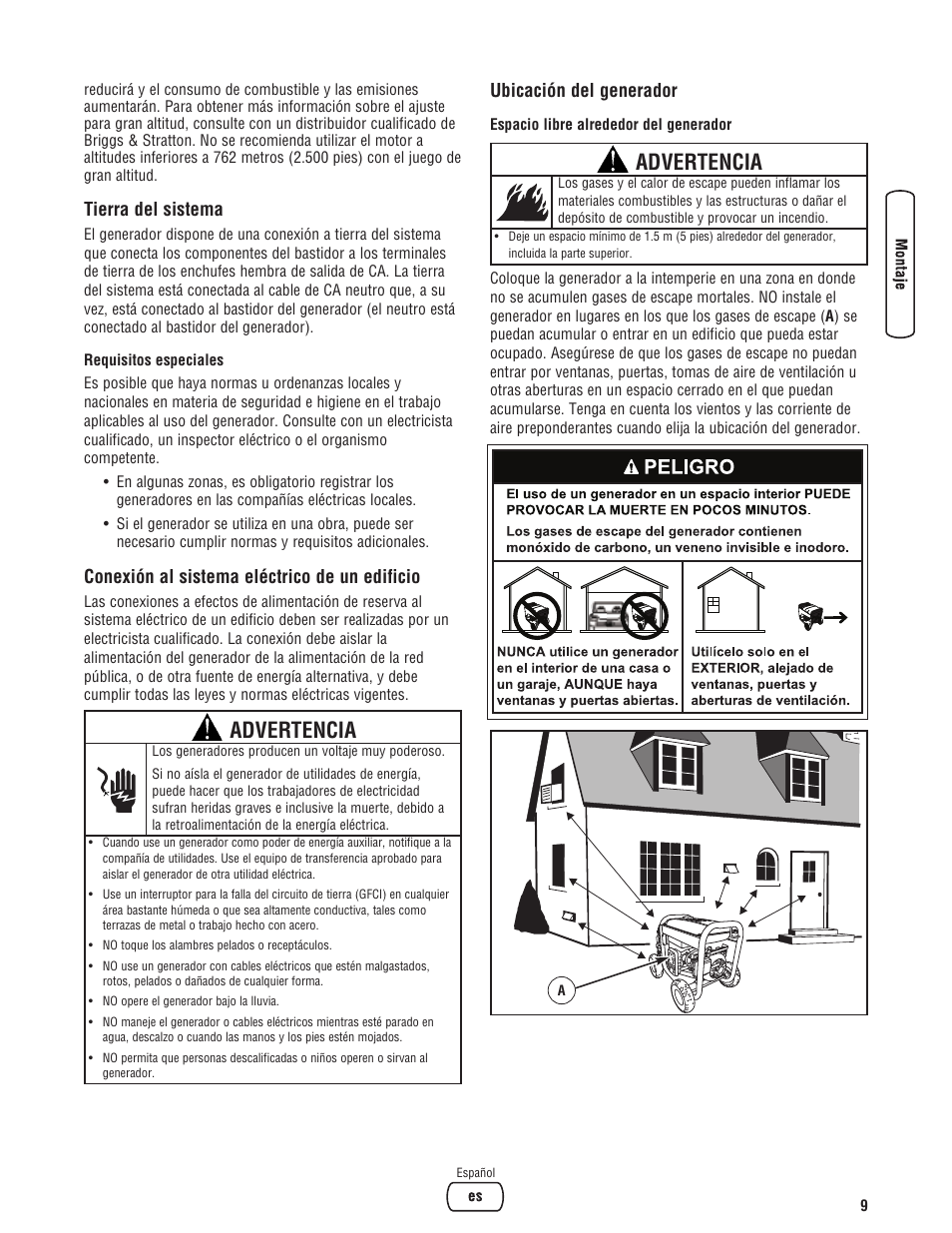 Advertencia, Tierra del sistema, Conexión al sistema eléctrico de un edificio | Ubicación del generador | Briggs & Stratton PRO4000 User Manual | Page 37 / 84