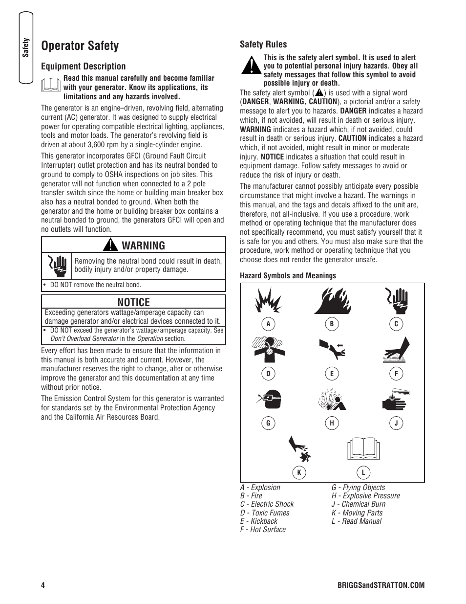 Sécurité de l’opérateur, Description de l équipement, Règles de sécurité | Operator safety, Equipment description safety rules, Notice, Warning | Briggs & Stratton PRO4000 User Manual | Page 4 / 84