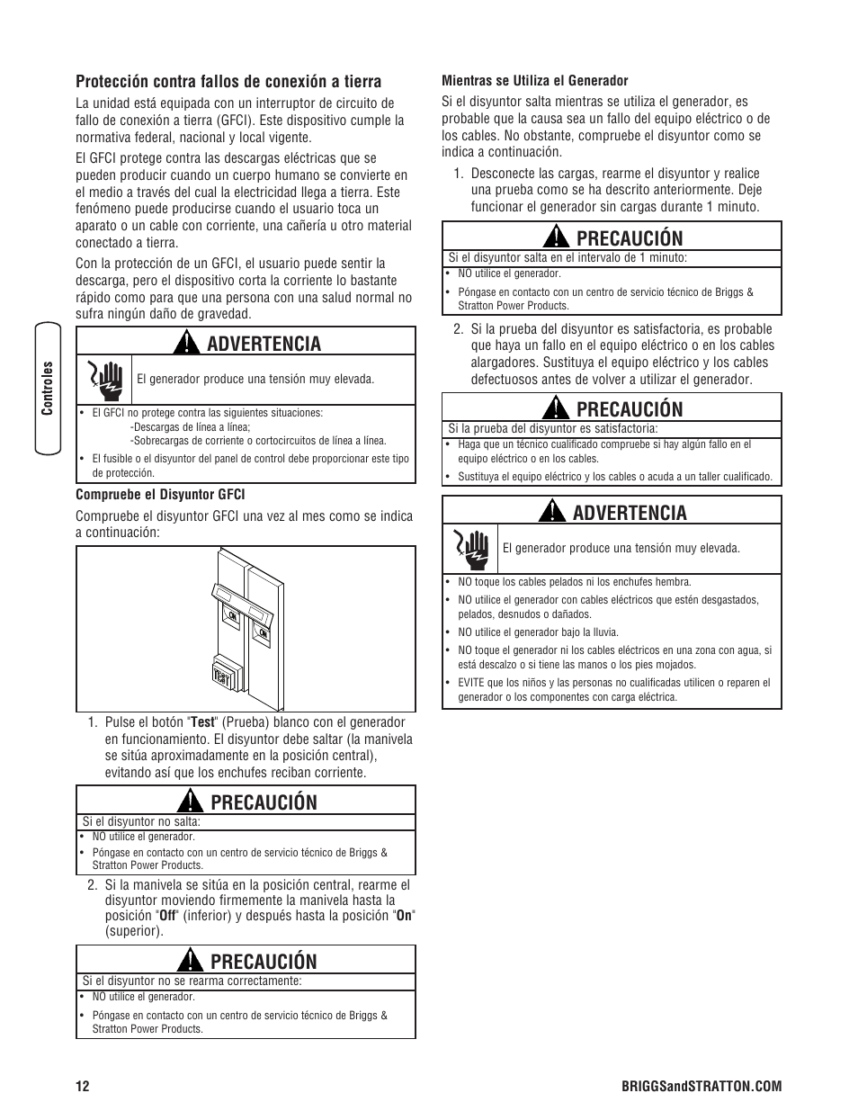Advertencia, Precaución, Protección contra fallos de conexión a tierra | Briggs & Stratton PRO4000 User Manual | Page 40 / 84