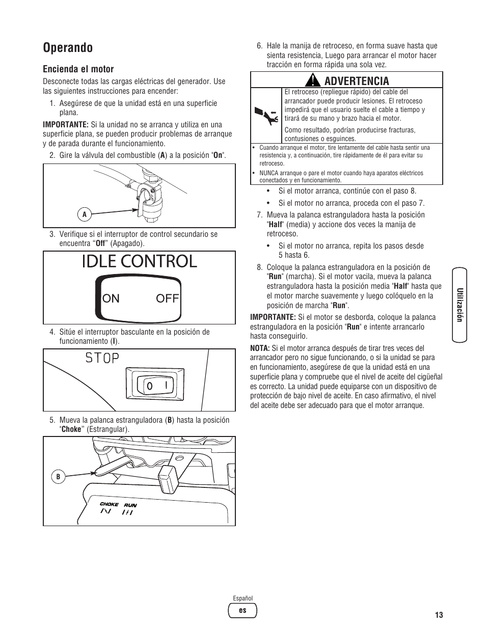 Operando, Advertencia | Briggs & Stratton PRO4000 User Manual | Page 41 / 84