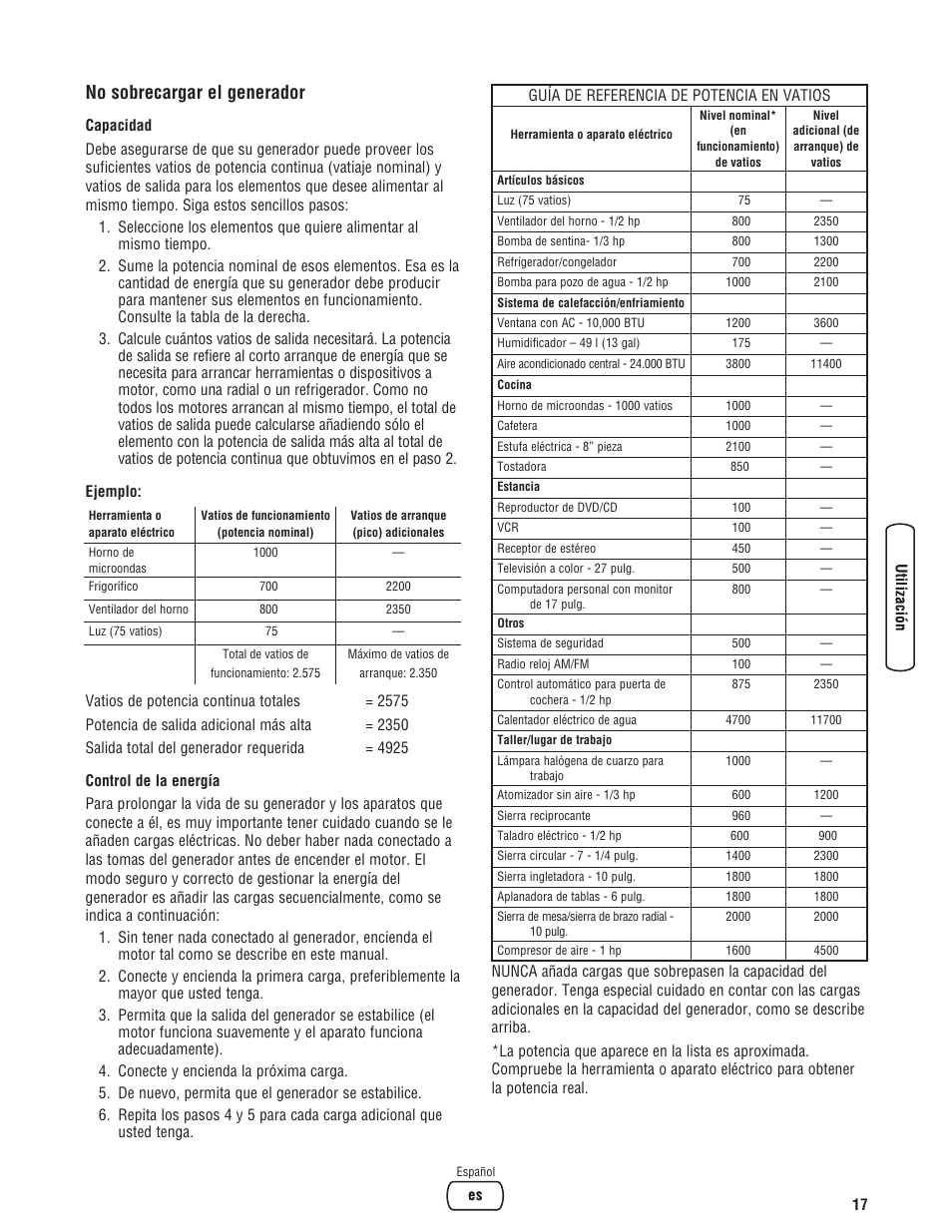 No sobrecargar el generador | Briggs & Stratton PRO4000 User Manual | Page 45 / 84
