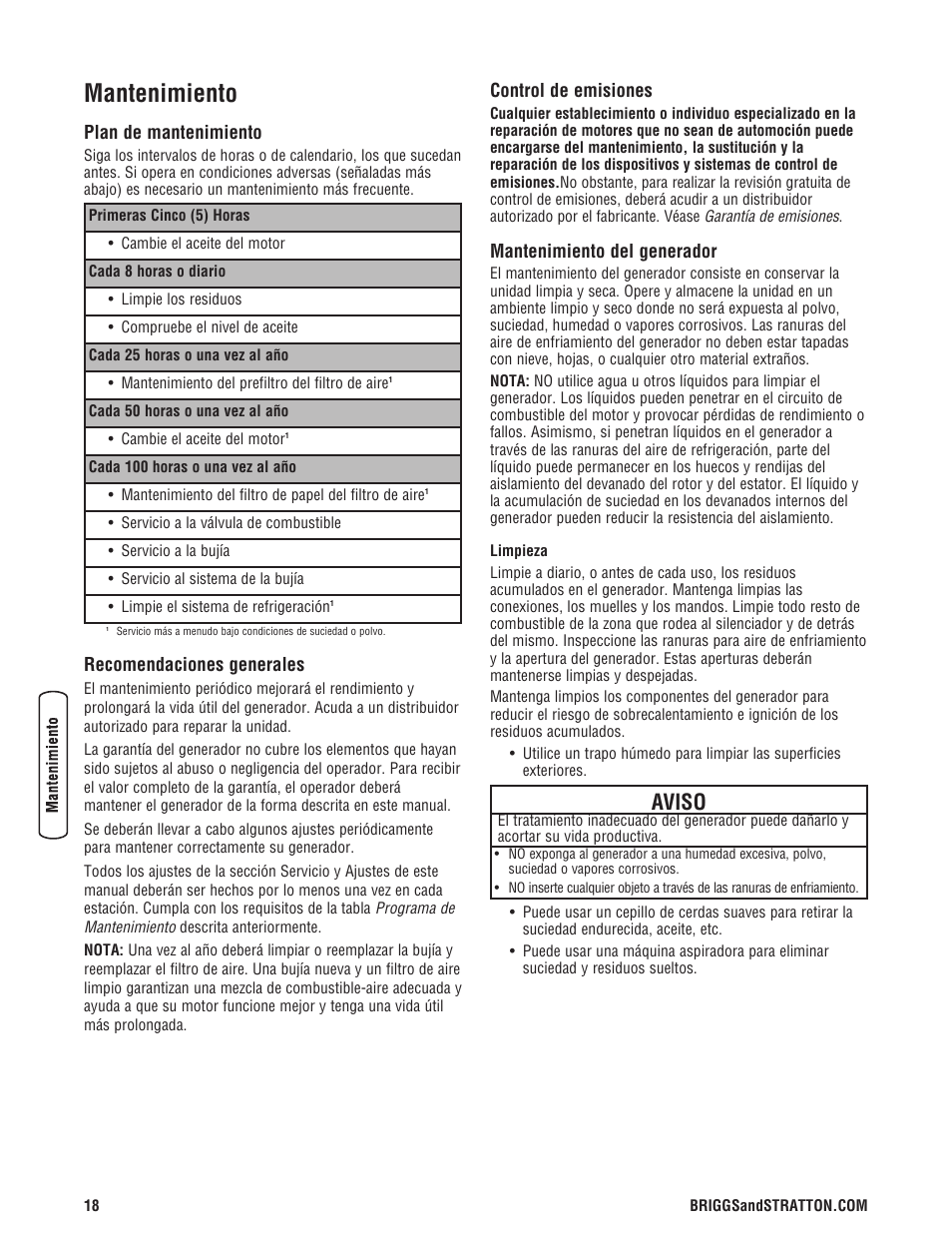 Mantenimiento, Aviso, Plan de mantenimiento | Recomendaciones generales, Control de emisiones, Mantenimiento del generador | Briggs & Stratton PRO4000 User Manual | Page 46 / 84