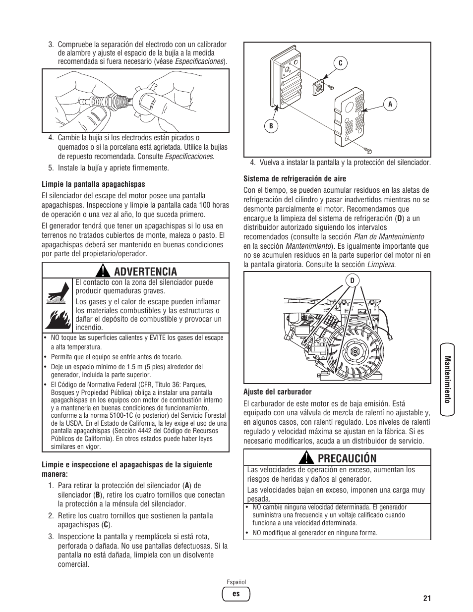 Advertencia, Precaución | Briggs & Stratton PRO4000 User Manual | Page 49 / 84