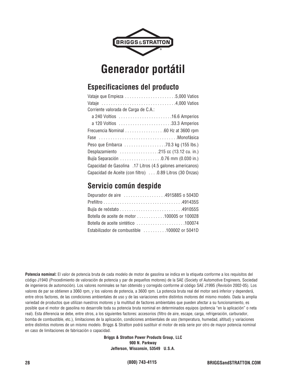 Generador portátil, Especificaciones del producto, Servicio común despide | Briggs & Stratton PRO4000 User Manual | Page 56 / 84