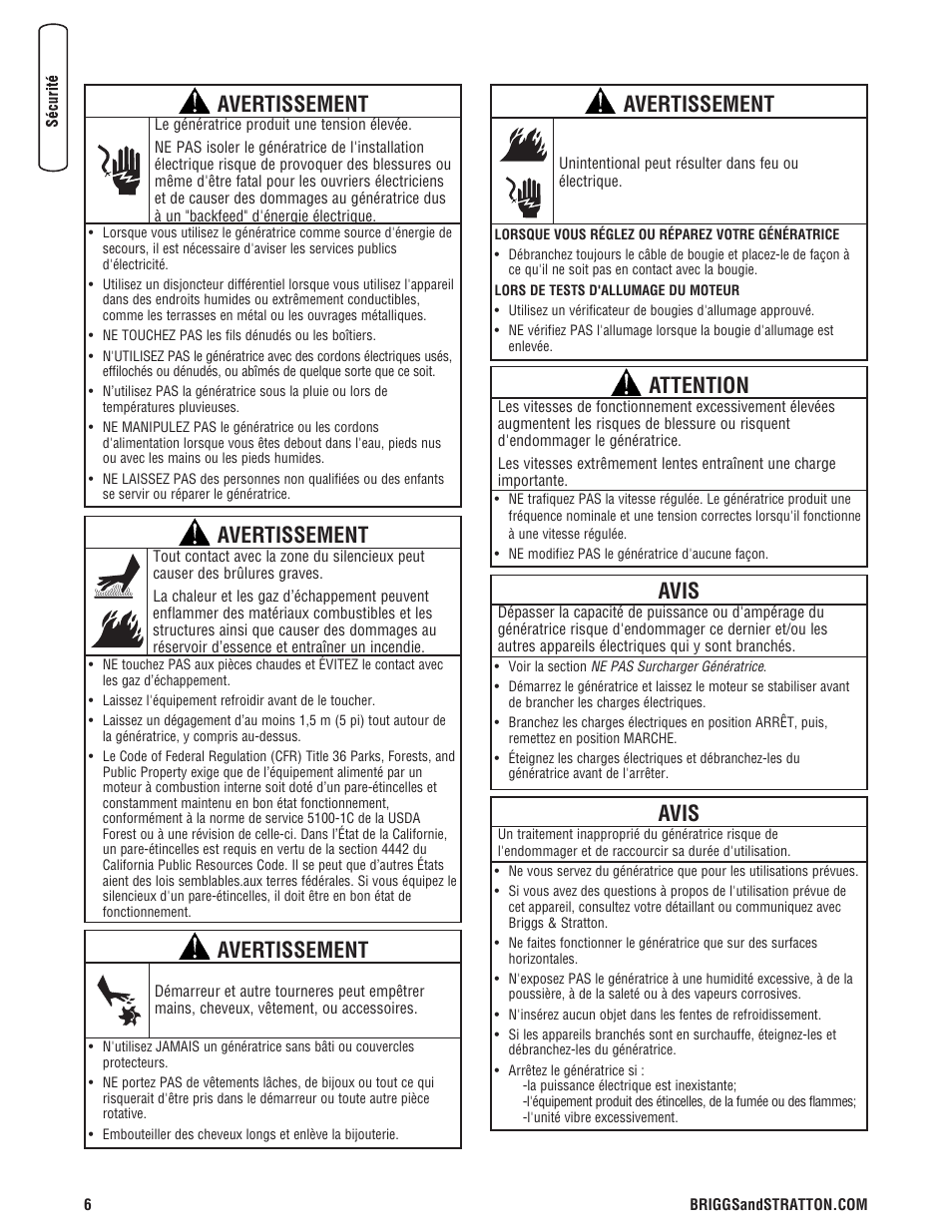 Avertissement, Avis, Attention | Briggs & Stratton PRO4000 User Manual | Page 62 / 84