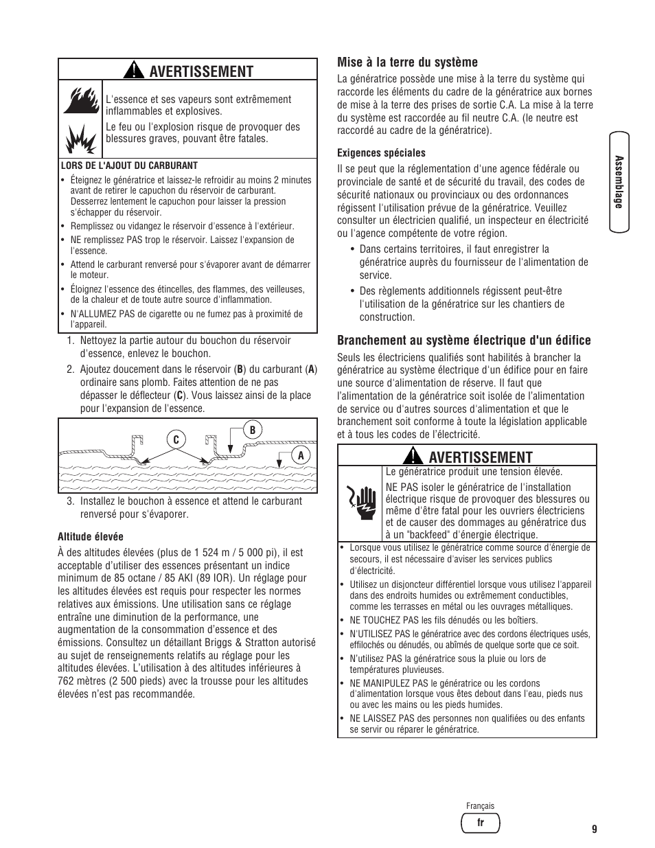 Avertissement | Briggs & Stratton PRO4000 User Manual | Page 65 / 84