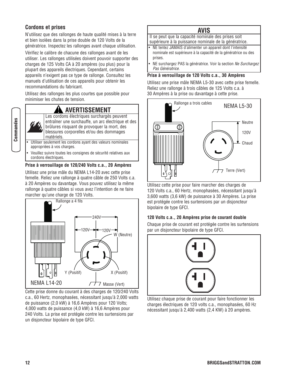 Avis, Avertissement | Briggs & Stratton PRO4000 User Manual | Page 68 / 84