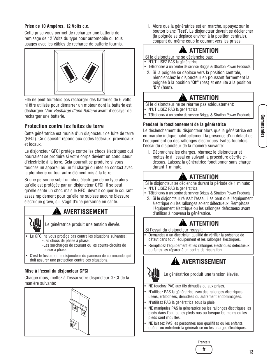 Avertissement, Attention | Briggs & Stratton PRO4000 User Manual | Page 69 / 84