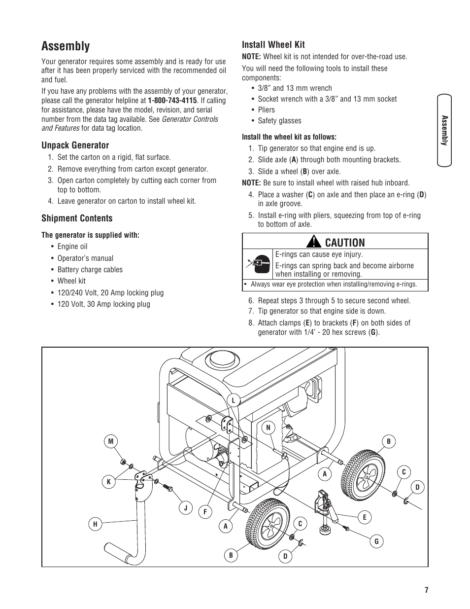 Assemblage, Déballez la génératrice, Contenu de l’expédition | Installe la roue la trousse, Assembly, Caution | Briggs & Stratton PRO4000 User Manual | Page 7 / 84