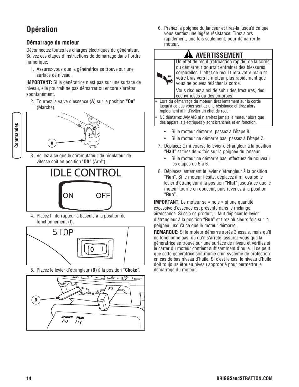 Opération, Avertissement | Briggs & Stratton PRO4000 User Manual | Page 70 / 84