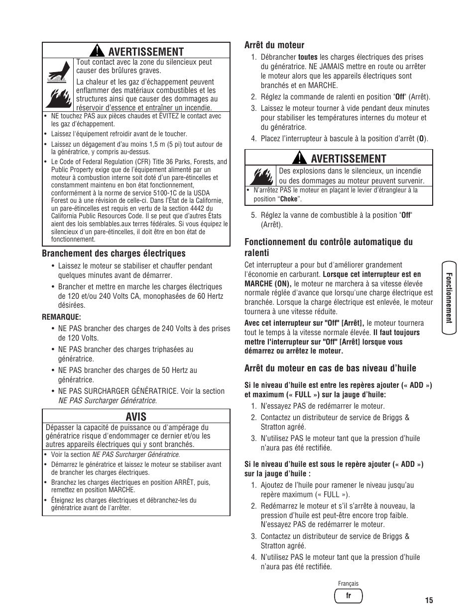 Avertissement, Avis | Briggs & Stratton PRO4000 User Manual | Page 71 / 84