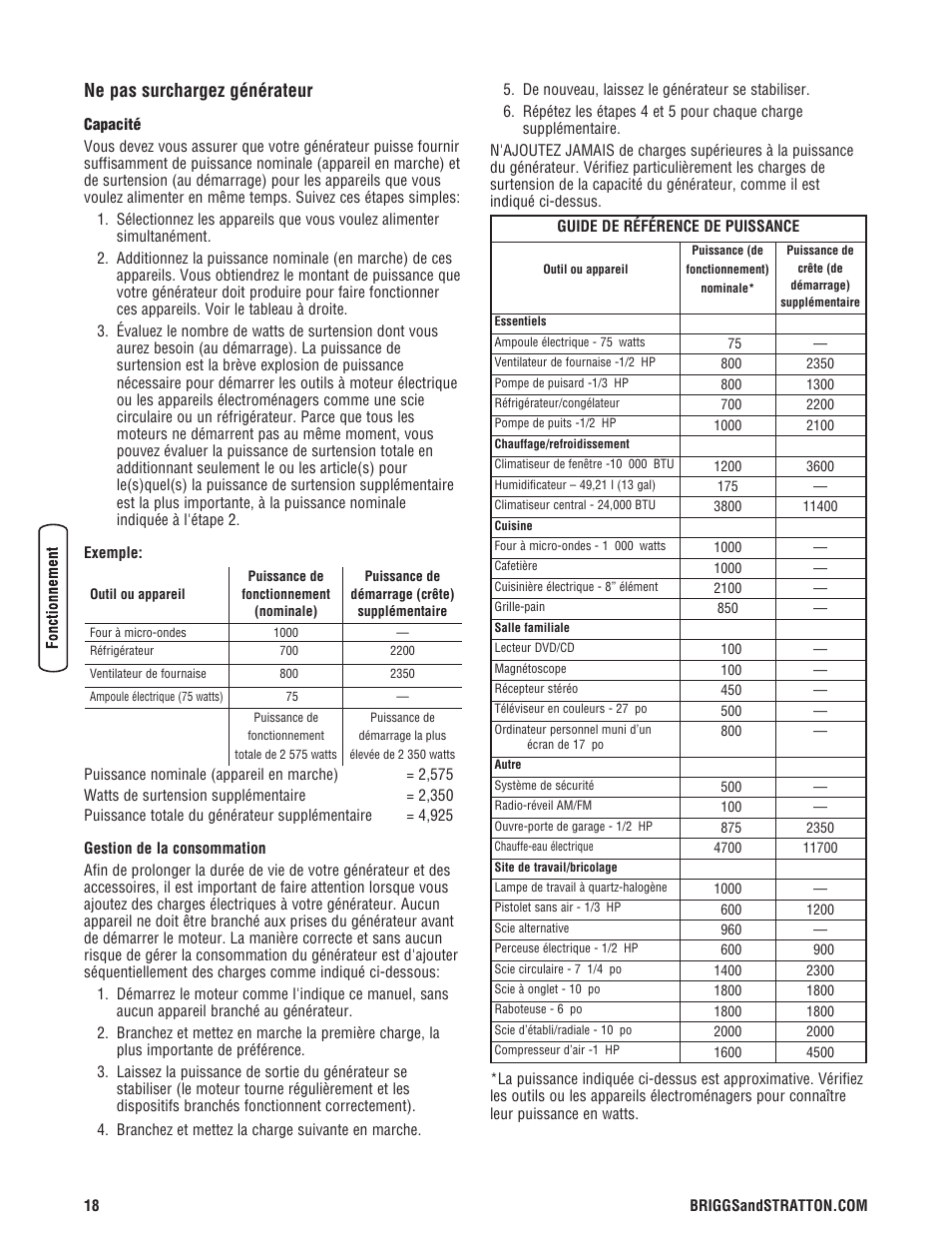 Ne pas surchargez générateur | Briggs & Stratton PRO4000 User Manual | Page 74 / 84