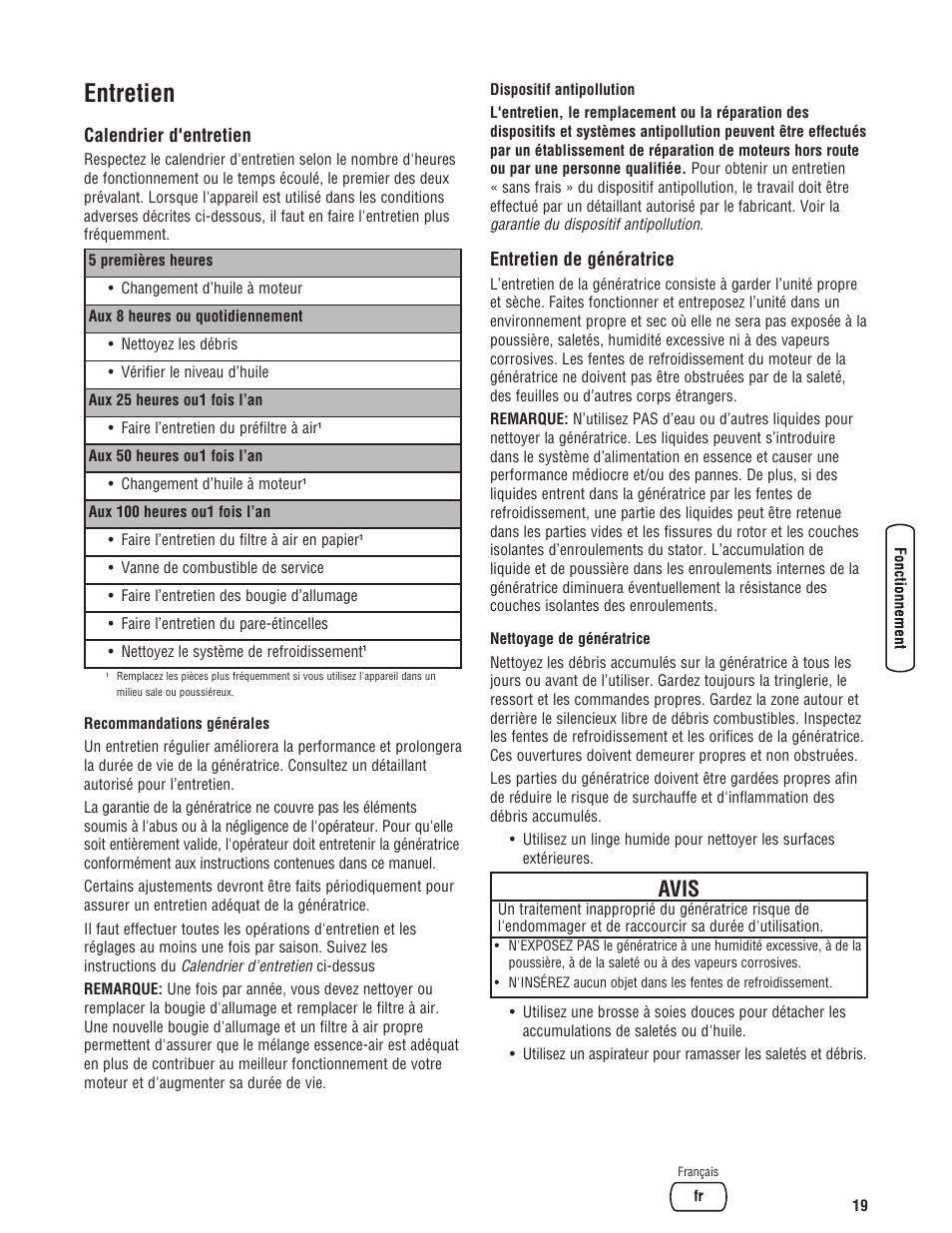 Entretien, Avis, Calendrier d'entretien | Entretien de génératrice | Briggs & Stratton PRO4000 User Manual | Page 75 / 84