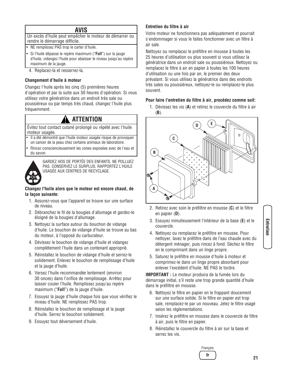 Avis, Attention | Briggs & Stratton PRO4000 User Manual | Page 77 / 84