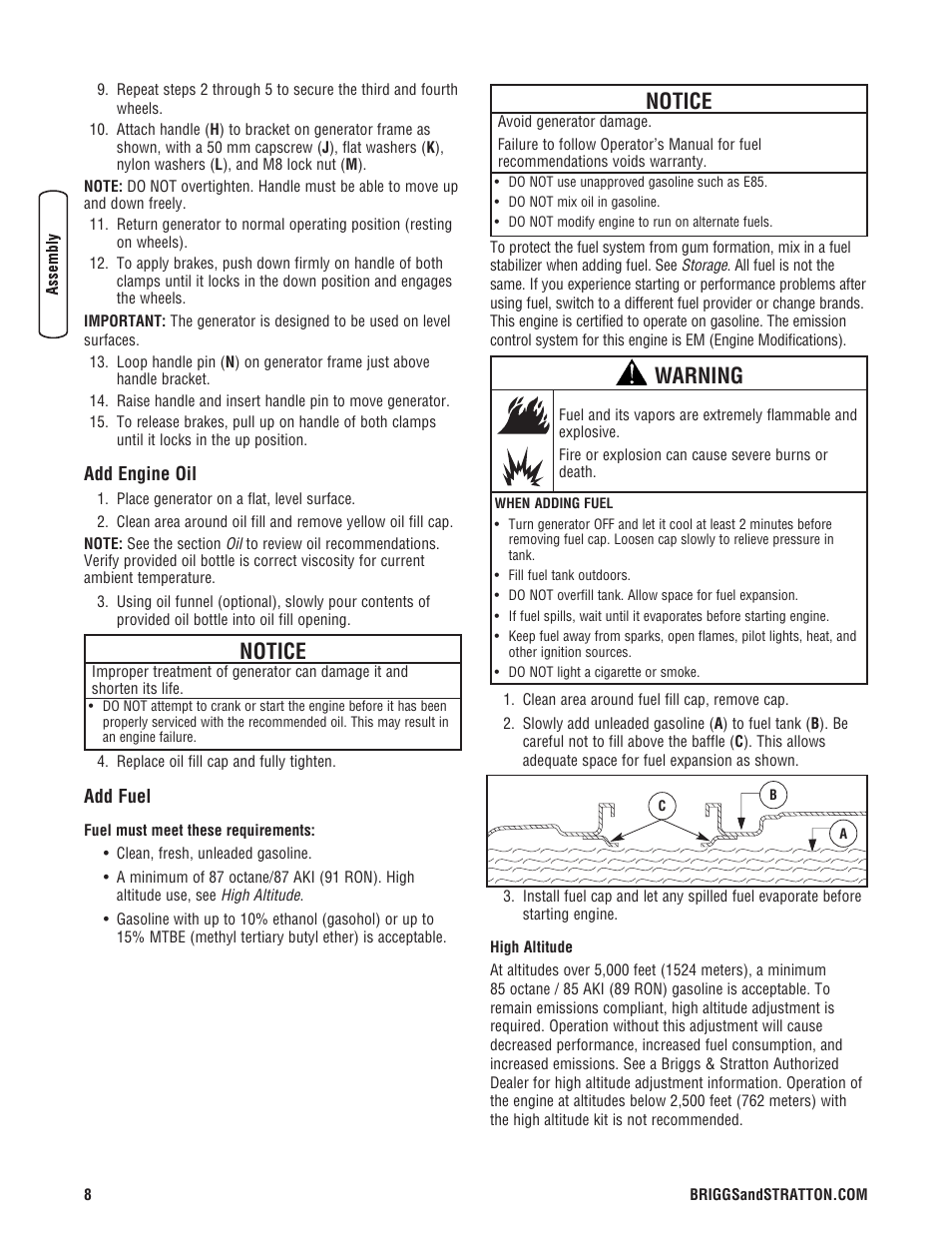 Ajoutez de l'huile à moteur, Ajoutez de l'essence, Add engine oil add fuel | Notice, Warning | Briggs & Stratton PRO4000 User Manual | Page 8 / 84