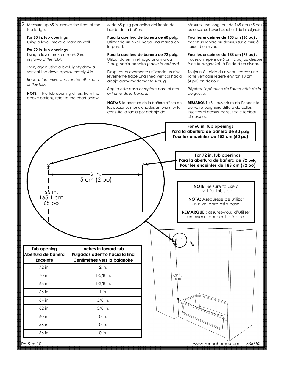 2 in. 5 cm (2 po) | ZPC 35604SS02 User Manual | Page 5 / 10