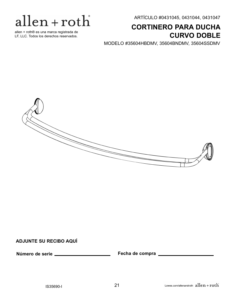 Cortinero para ducha curvo doble | ZPC 35604SSDMV User Manual | Page 21 / 30