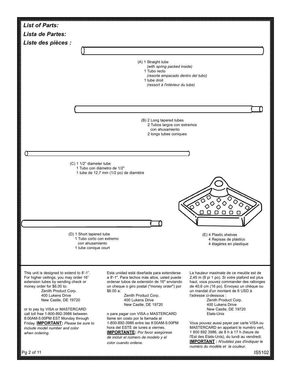 List of parts: lista de partes: liste des pièces | ZPC 5104W User Manual | Page 2 / 11