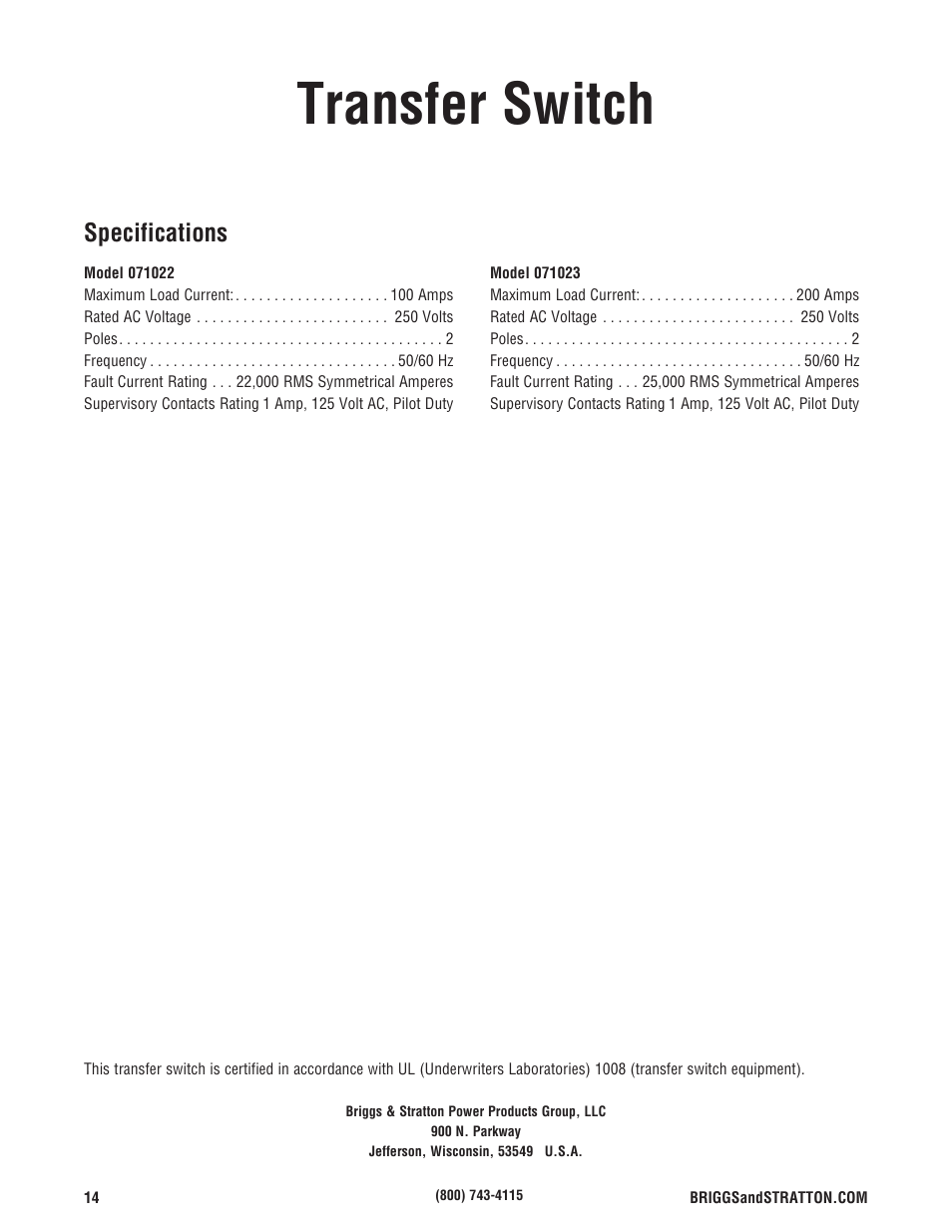 Transfer switch, Specifications | Briggs & Stratton Automatic Transfer Switch User Manual | Page 14 / 40
